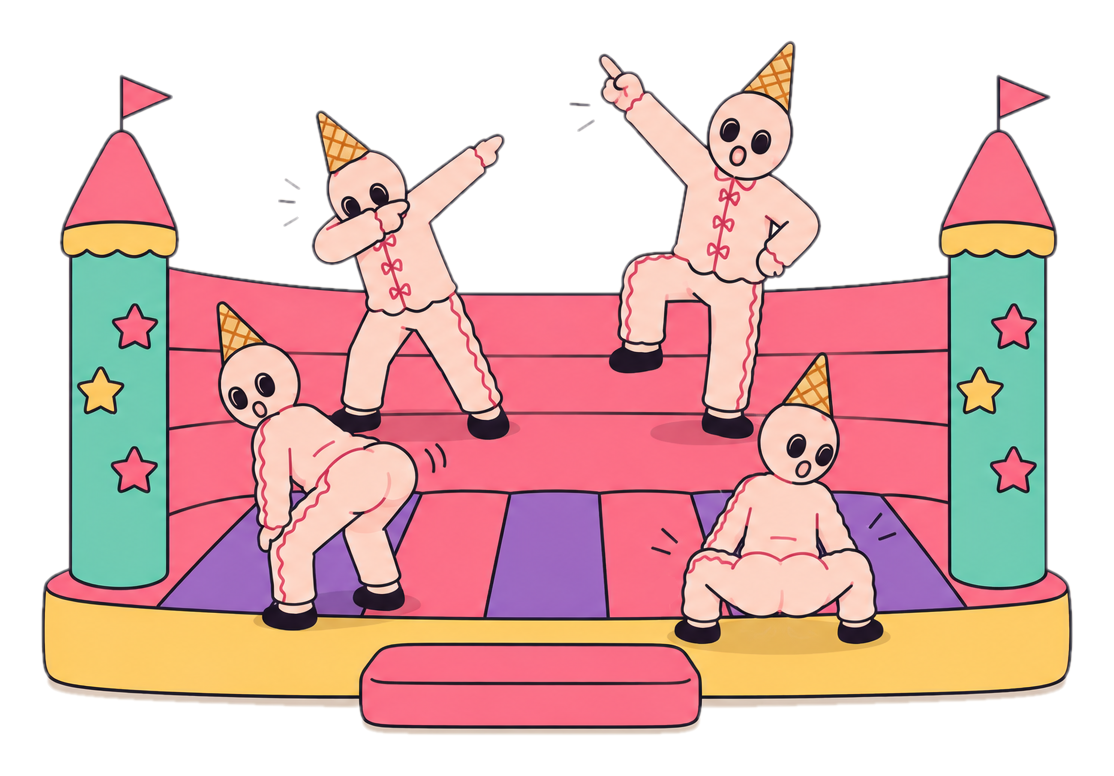 Bouncy castle with gingerbread costume characters